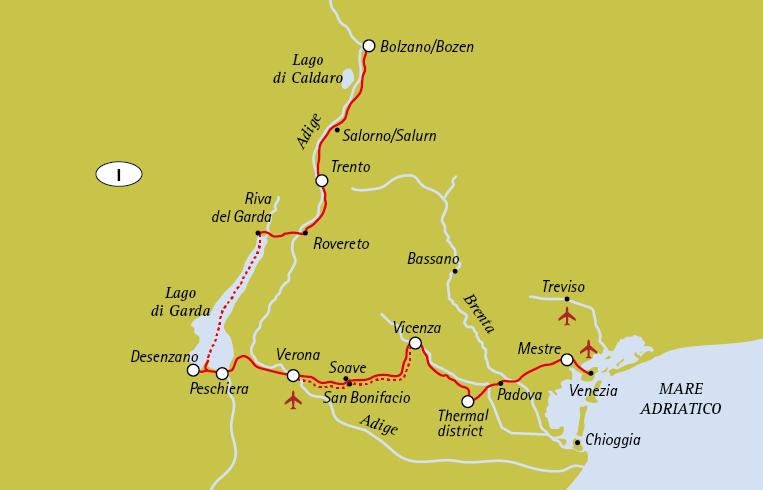 Bolzano - Lago Garda – Venecia | Cicloturismo por lo mejor de Veneto (Italia) - mapa de la ruta