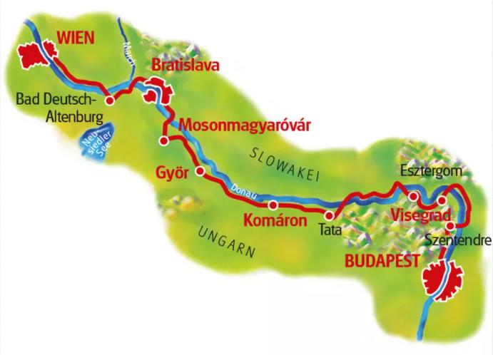 El Danubio húngaro: Rutas en bicicleta por Viena - Budapest (Austria, Hungría y Eslovaquia) - mapa de la ruta